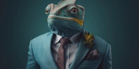A portrait of a Chameleon wearing a business suit. AI Generated