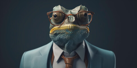 A portrait of a Chameleon wearing a business suit. AI Generated