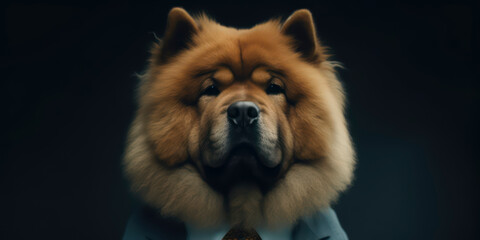 A portrait of a Chow Chow dog wearing a business suit. AI Generated