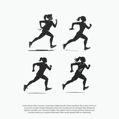 Run. Running girl or women, vector set of isolated silhouettes black and white for animation or poster resizeable vector