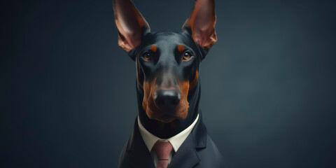 A portrait of a Doberman dog wearing a business suit. AI Generated