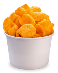 Delicious crispy corn chip in paper bucket isolated on white background, Corn chips on white With clipping path.