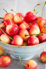 Bowl of fresh wet summer pink cherry
