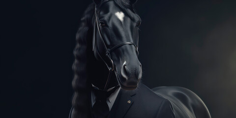 Fototapeta na wymiar A portrait of a Friesian Horse wearing a business suit. AI Generated