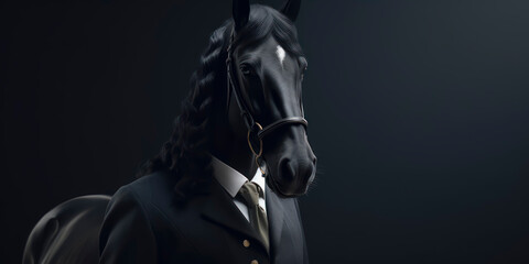 A portrait of a Friesian Horse wearing a business suit. AI Generated
