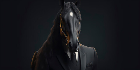 A portrait of a Friesian Horse wearing a business suit. AI Generated