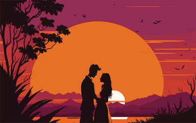 illustration showcasing a romantic sunset scene. silhouette of a couple standing together, watching the sunset. romantic posters, relationship themed websites, social media posts.