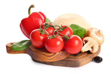 Wooden boards with fresh ingredients for preparing pizza on white background