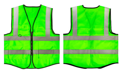 Safety Vest Reflective shirt beware, guard, traffic shirt, safety shirt, rescue, police, security shirt isolated on white background, With clipping path. - obrazy, fototapety, plakaty