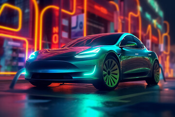 Obraz na płótnie Canvas Captivating electric car radiating a mesmerizing display of shimmering lights, epitomizing futuristic elegance and eco-conscious luxury. generative Al.