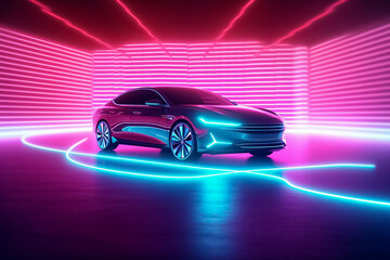 Captivating electric car radiating a mesmerizing display of shimmering lights, epitomizing futuristic elegance and eco-conscious luxury. generative Al.