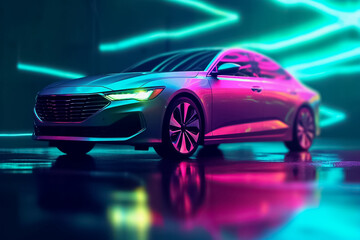 Fototapeta na wymiar Captivating electric car radiating a mesmerizing display of shimmering lights, epitomizing futuristic elegance and eco-conscious luxury. generative Al.