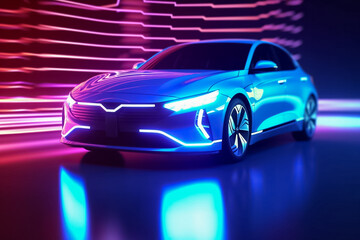 Obraz na płótnie Canvas Captivating electric car radiating a mesmerizing display of shimmering lights, epitomizing futuristic elegance and eco-conscious luxury. generative Al.
