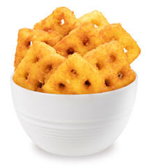 Crispy Hash Browns in white bowl isolated on white background, Crispy Hash Browns on white With clipping path.