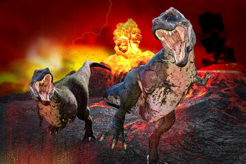 火山の爆発で二匹のティラノサウルスが驚き逃げる - obrazy, fototapety, plakaty