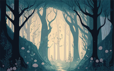 illustration showcasing an enchanting and magical forest. Depict towering trees with twisting branches, glowing mushrooms, and mystical creatures. fairy dust, winding path leading into the depths of