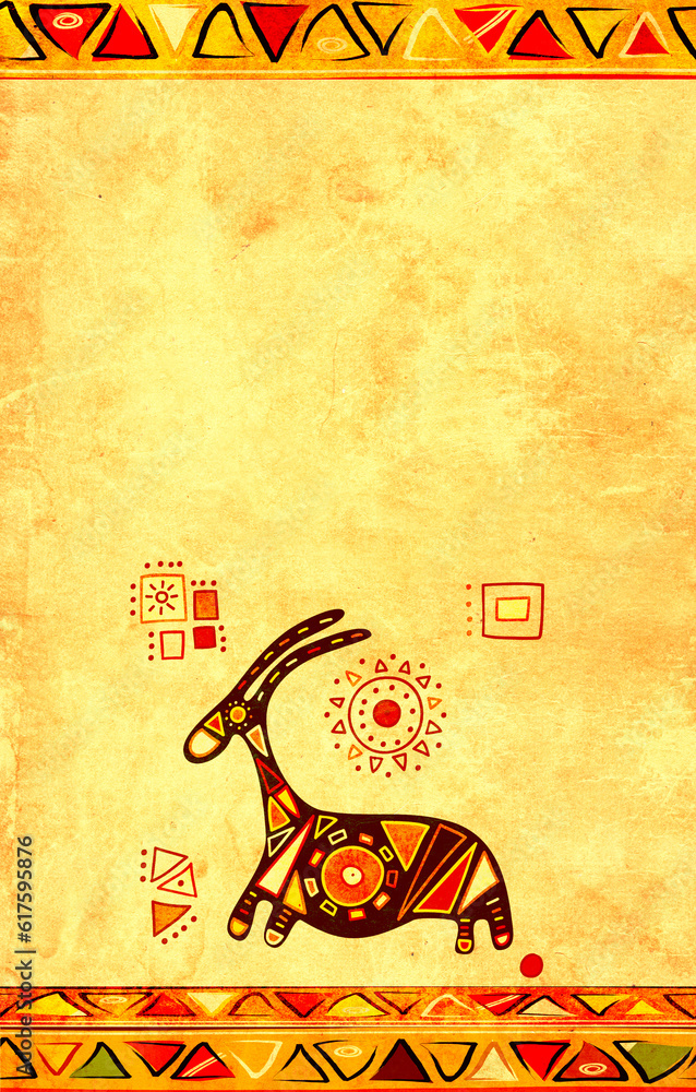 Poster grunge background with african traditional patterns with antelope and paper texture of yellow color.