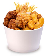 Fried chicken, Nugget, Crispy Chicken Skin in paper bucket isolated on white background, Fried chicken on white With clipping path.