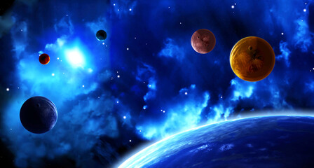 Obraz na płótnie Canvas A beautiful space scene with sun, planets and nebula. Elements of this image furnished by NASA. 3d render