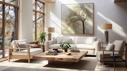 This minimalist living room showcases a contemporary design featuring a loveseat, wood furniture, pillows, and a large painting on the wall, creating a cozy atmosphere perfect for relaxation