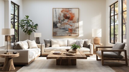 This minimalistic living room, filled with cozy couches, a wooden table, houseplants, and a stunning contemporary painting on the wall, exudes style, comfort, and modern design
