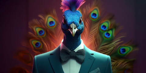 A portrait of a Peacock wearing a business suit. AI Generated