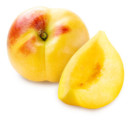 Naklejka na ściany i meble Shiny Yellow Peach fruit with leaf on white background, Fresh Peach on White Background.