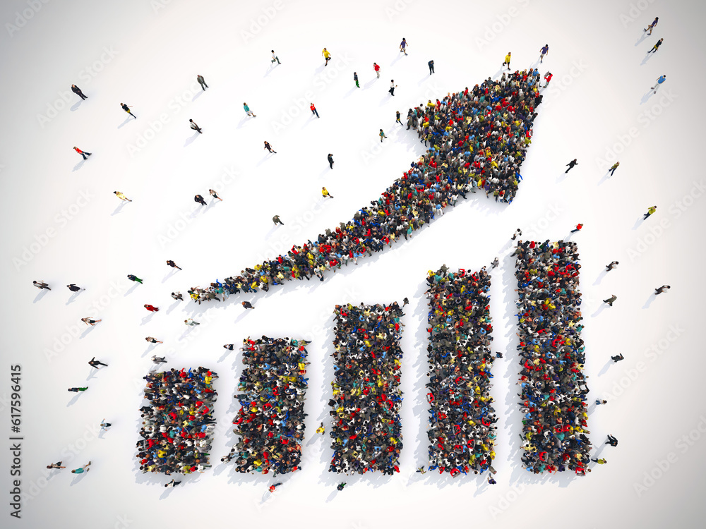 Poster 3d rendering of people forms an arrow and statistic