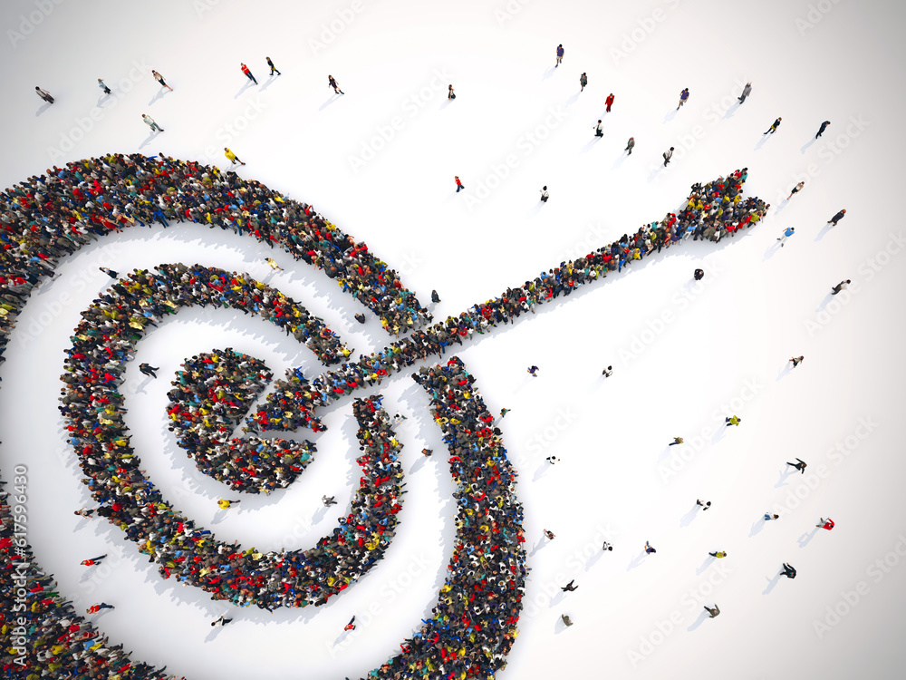 Poster 3d rendering of people forms a target hits in the middle by arrow