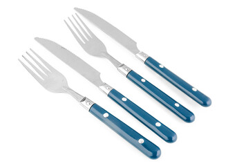 Stainless steel forks and knives with blue handles on white background