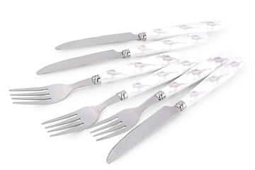 Stainless steel forks and knives with plastic handles on white background