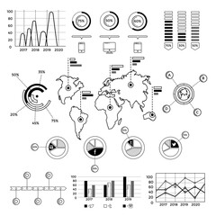 Flat linear infographic elements of social media, social networking, mobile app, sharing, communication, and social commerce.