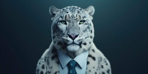 A portrait of a Snow Leopard wearing a business suit. AI Generated