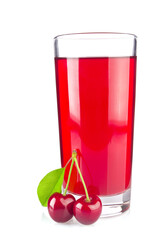 Glass juice and two ripe juicy cherries with green leaf, isolated on white background.