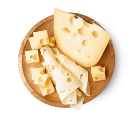Piece, cubes and slices of Swiss cheese with wooden board on white background