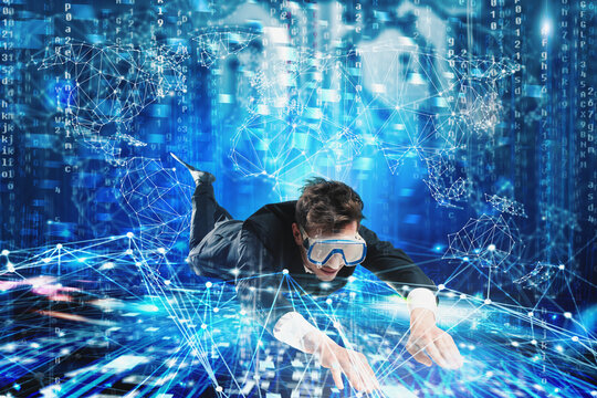 Businessman surfing the digital internet underwater with mask. Internet exploration concept