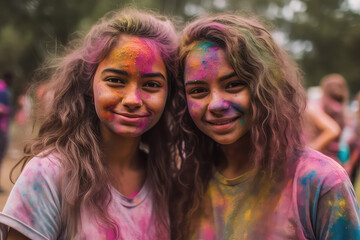 Obraz premium Multiethnic girls covered in colorful powder celebrating