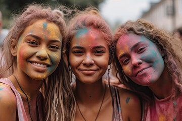 Multiethnic girls covered in colorful powder celebrating