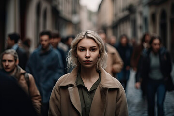 depressed Woman walking down an old city street in a crowd 