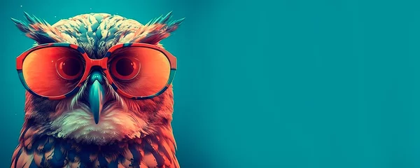 Fotobehang Uiltjes owl wearing sunglasses on a solid color background, vector art, digital art, faceted, minimal, abstract, panorama background. generative AI.