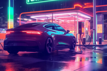 Fototapeta premium Effortless electric power refill for an EV car, ensuring a seamless and convenient charging experience for eco-conscious drivers. generative AI.