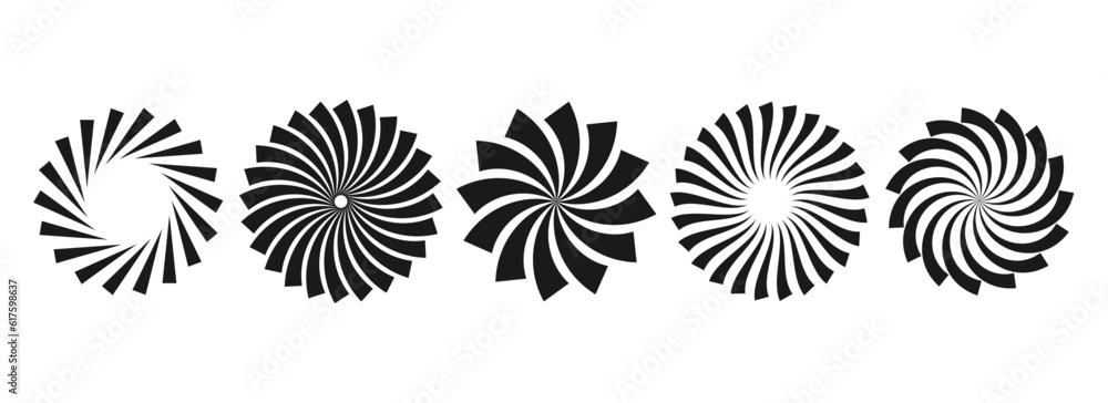 Poster Stylized curl sunburst circles collection. Black and white radial twisted element pack. Round rays and beams set. Geometric stars pack. Vector illustration concept for banner, badge, sticker, poster.