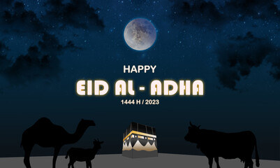 Happy eid al adha 1444 h or 2023 poster with a background moon and kaaba