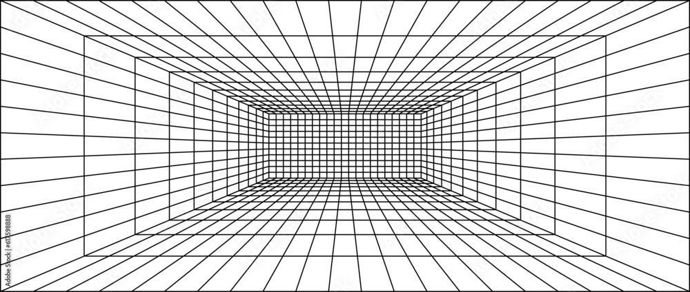 Poster wireframe grid room. 3d perspective background. futuristic digital outline space. black and white ge