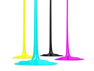 Cyan, magenta, yellow and black inks, dripping on white background