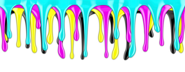 CMYK paint dripping on white background