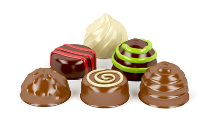 Mix of chocolate candies on white background