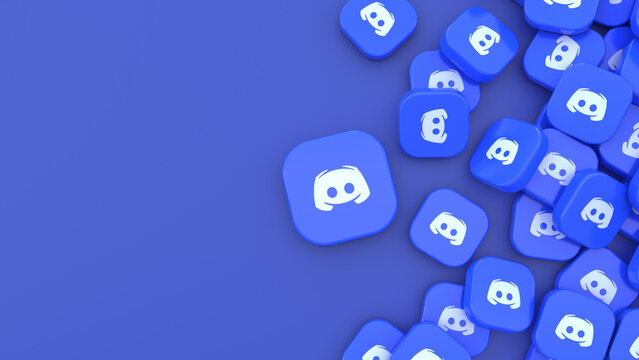 3D rendering of a bunch of badges with the icon of Discord on blue background.
