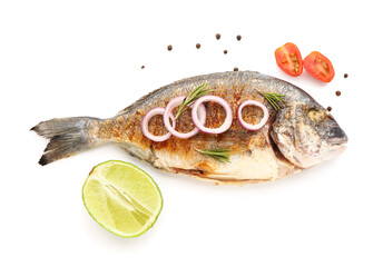 Tasty grilled dorado fish with onion on white background
