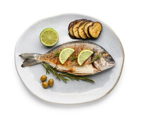 Plate with tasty grilled dorado fish on white background